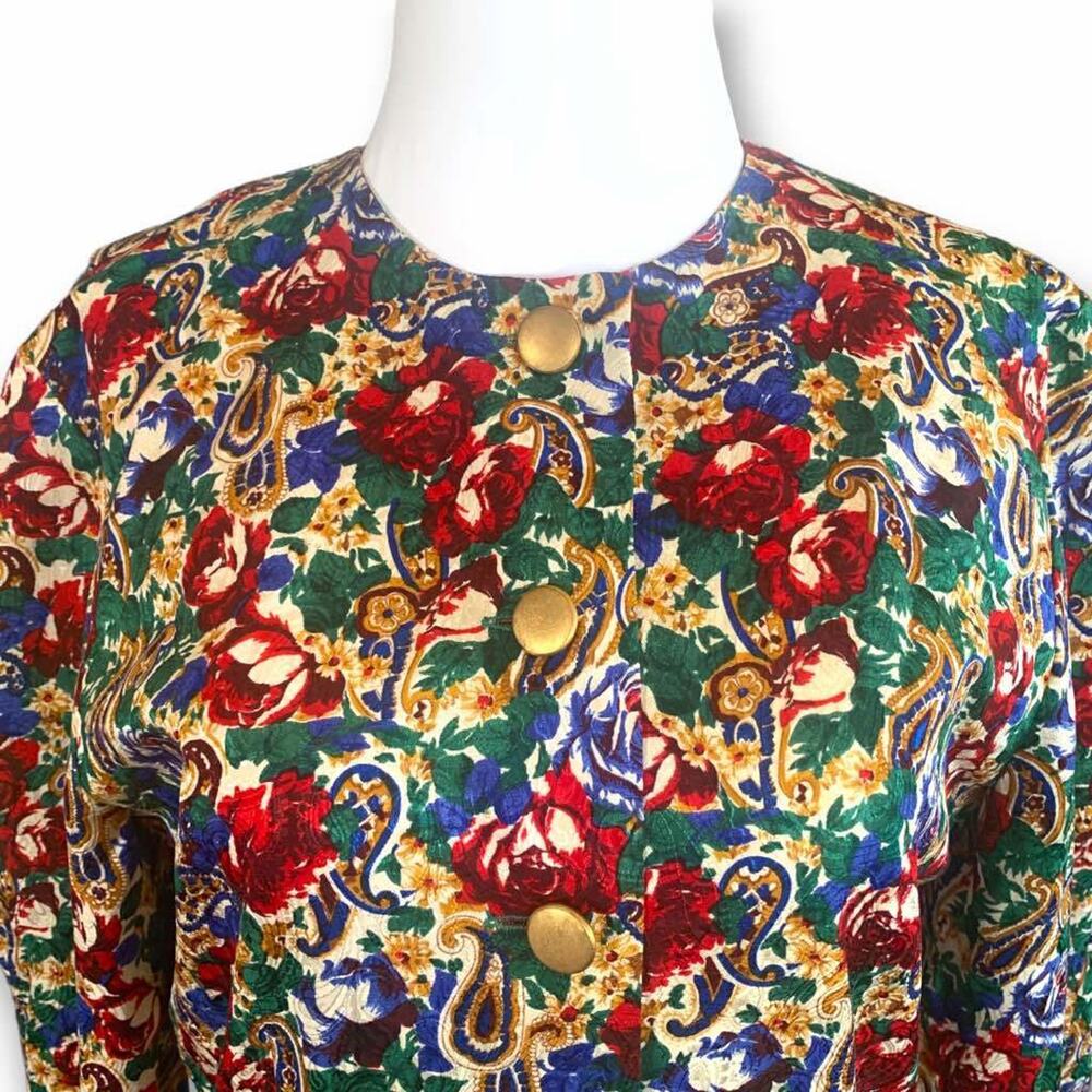 Vintage Silk Floral Paisley Red Button Up Top Long‎ Artsy Eclectic Maximalist